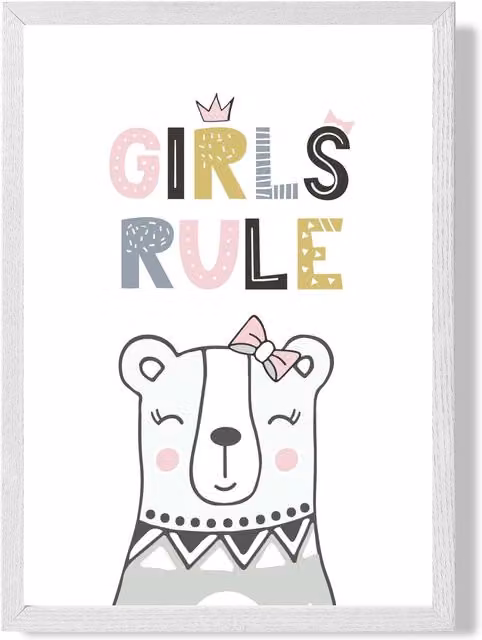 ARTZE Cute Girls Rule Bear Scandi Quote Framed Print, Pink and White