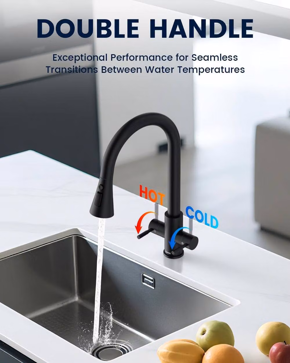 JANLEMNY Matte Black Dual Lever Kitchen Mixer Tap with Pull-Out Spray Spout – 3