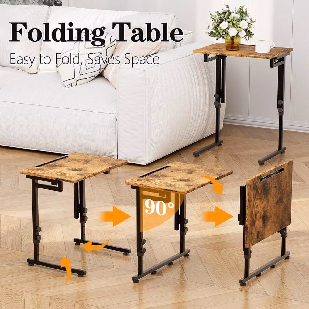 FORGEVIO C-Shaped Folding TV Tray Table in Brown with Height-Adjustable Wood Top – 5