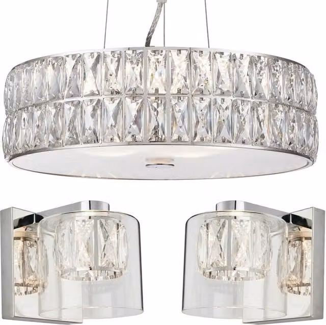 Loops 5 Bulb Ceiling Pendant and 2 Matching Wall Mount Lights in Chrome and Clear Crystal Glass