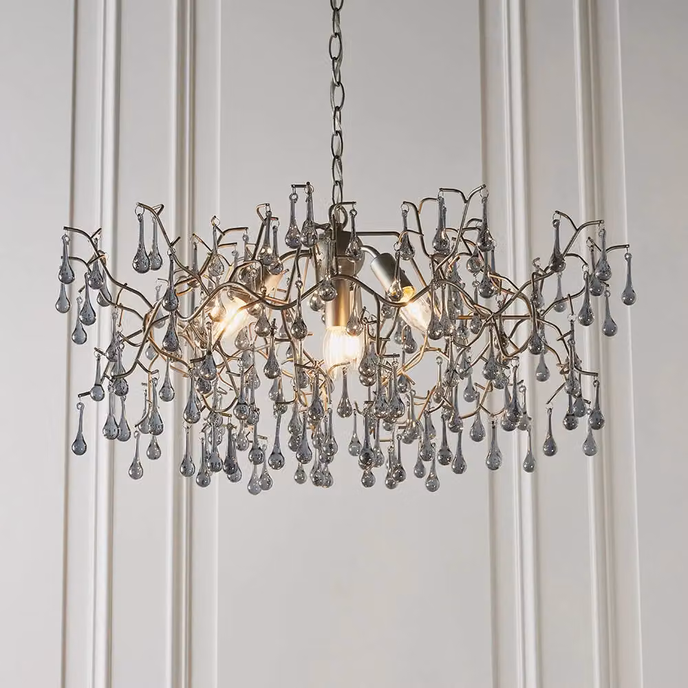 Loops Multi Arm Ceiling Pendant Light Fitting in Silver with Glass Teardrop Details, Height Adjustable – 2