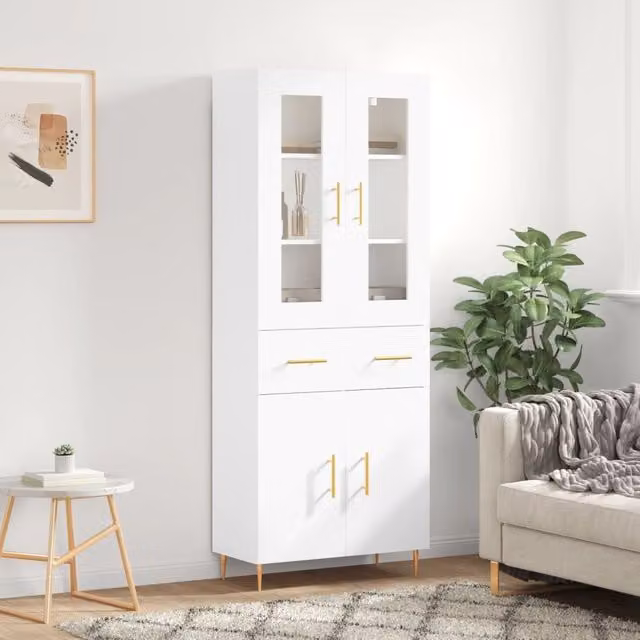 Berkfield Home Modern White Highboard with Glass Doors and Internal Shelves W/D/H: 69.5 x 34 x 180 cm
