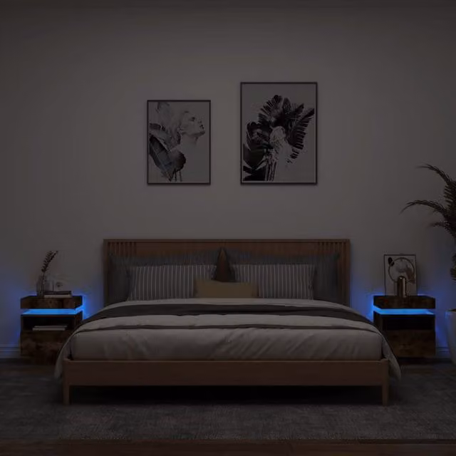 Berkfield Home Set of 2 Bedside Cabinets with Integrated LED Lights in Smoked Oak Brown, W: 40 cm, D: 39 cm, H: 48.5 cm