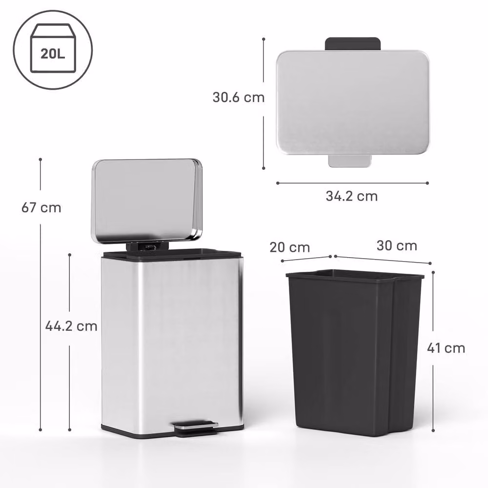 STILVORA 20L Stainless Steel Pedal Bin with Soft-Close Lid and Removable Inner Bucket in Silver – 3