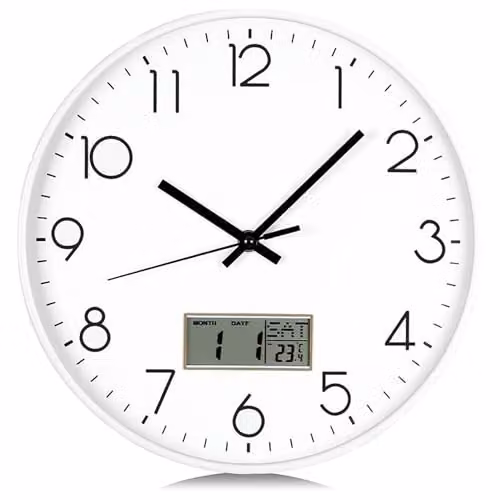 ATEK Modern Round Digital Wall Clock with Silent Quartz Movement, Date and Temperature Display in Black and White, Diameter: 30.48 cm