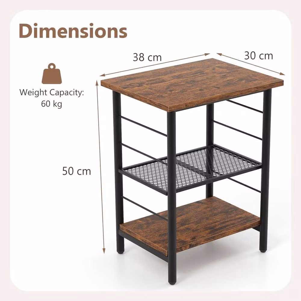 KORVIXA Set of 2 Industrial 3-Tier Side Tables, Brown Metal – 2