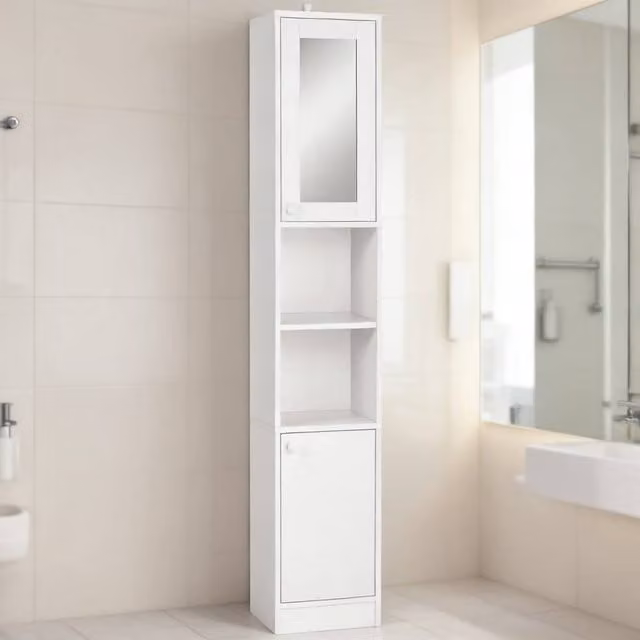 ERGOVEXA Tall White Bathroom Storage Cabinet with Mirror and LED Lighting, H 170 x W 28 x D 30 cm