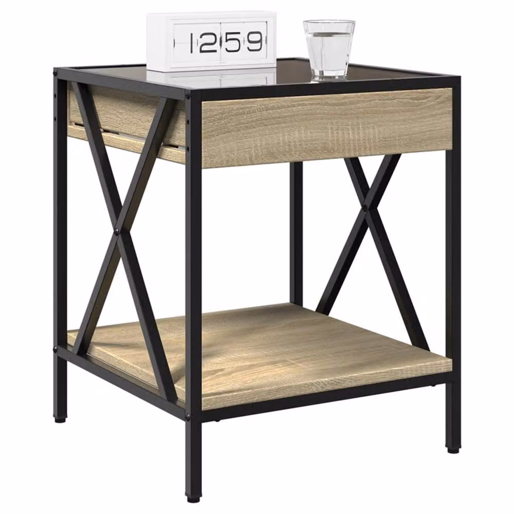 Berkfield Home Infinity LED Bedside Table in Natural Sonoma Oak with Mirror Top, W/D/H: 40 x 40 x 49 cm – 3