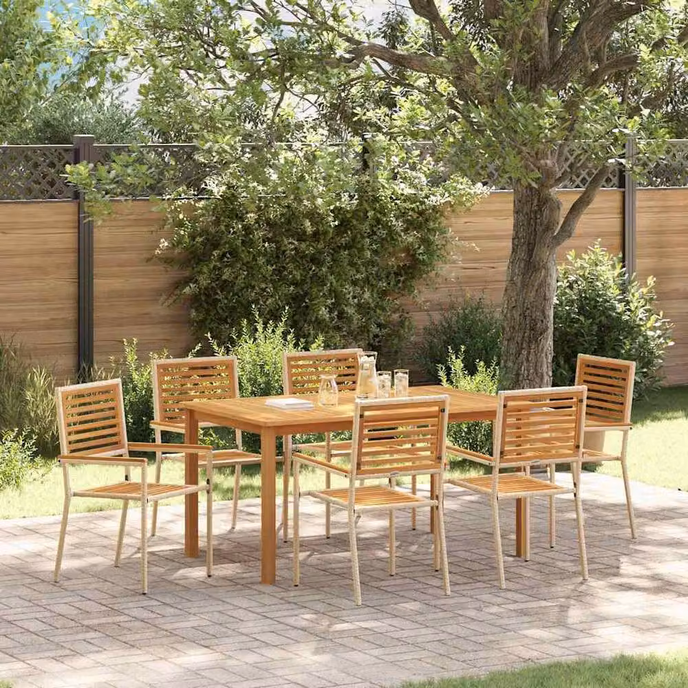 Berkfield Home 7 Piece Garden Dining Set in Beige Poly Rattan and Acacia Wood – 2