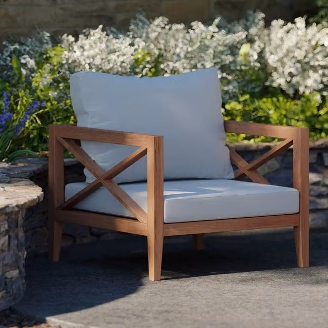 Eterna Modern Teak Wood Outdoor Garden Lounge Chair with Beige Cushions in Brown