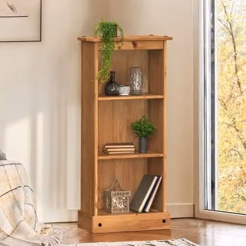 Mercers Furniture Corona Narrow Low Bookcase in Brown Solid Pine Wood, H 104 cm x W 46 cm x D 20 cm