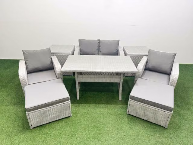 Fimous 6 Seater Light Grey PE Wicker Rattan Garden Furniture Set with Rectangular Dining Table, 2 Reclining Chairs, 2 Big Stools and 2 Side Tables