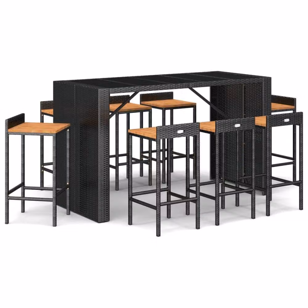Berkfield Home Beautiful 9 Piece Garden Bar Set in Black Poly Rattan and Solid Acacia Wood – 3