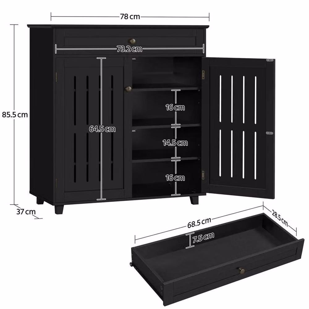 Kelvenix Black Wooden Shoe Storage Cabinet with Hinged Doors and Internal Shelves – 2