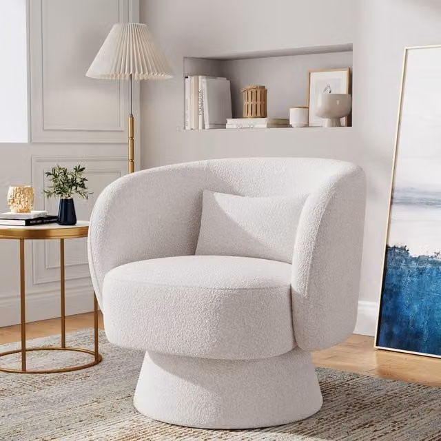 Livingandhome Modern White Bouclé Swivel Tub Accent Chair with Integrated Armrests