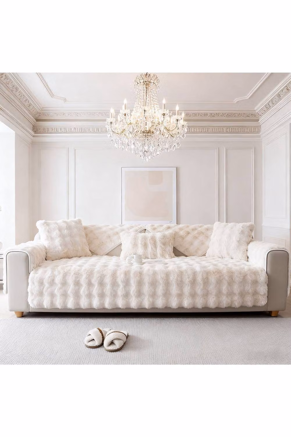 Living and Home Sleek Textured Plush Sofa Cover in Beige/White, Size: Small – 2