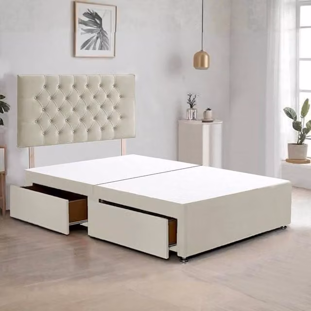 Bed Time UK Plush Velvet Divan Bed Frame with 2 Drawers and Chesterfield Headboard in Ivory, W/D/H: 90 x 190 cm