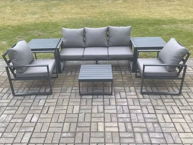 Fimous Modern Powder Coated Aluminium Outdoor Garden Furniture Set in Dark Grey with Upholstered Cushions, 3-Seater Sofa, 2-Seater Sofa, Coffee Table and 2 Side Tables