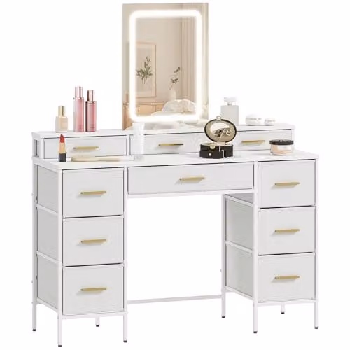 HOMCOM Hollywood LED Dressing Table in White and Gold, W: 140 cm, D: 39.5 cm, H: 118.5 cm