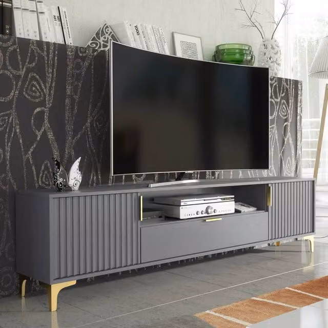 PAWNORA Modern Grey and Gold TV Unit Sideboard Cabinet Width: 200 cm