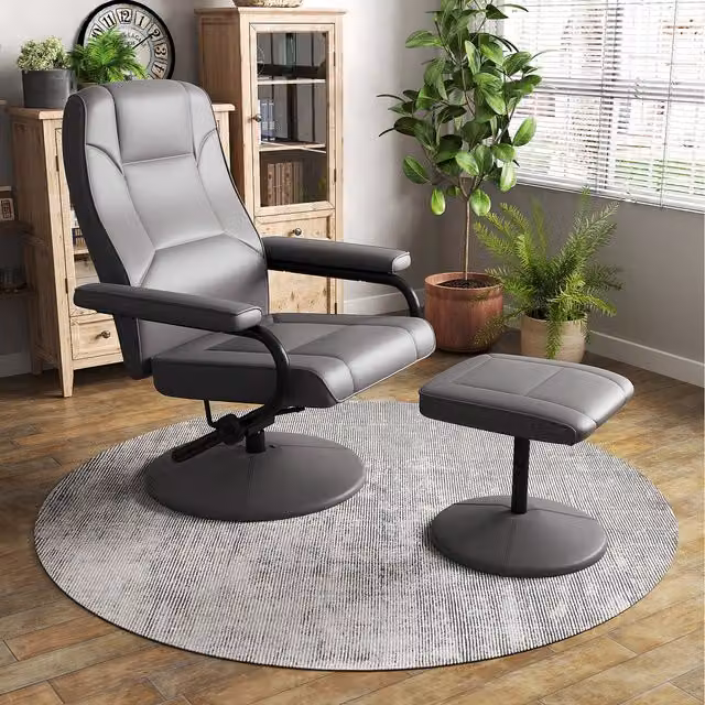 COSTWAY Grey Ottoman Swivel Reclining Chair with Armrests and Synthetic Leather Upholstery