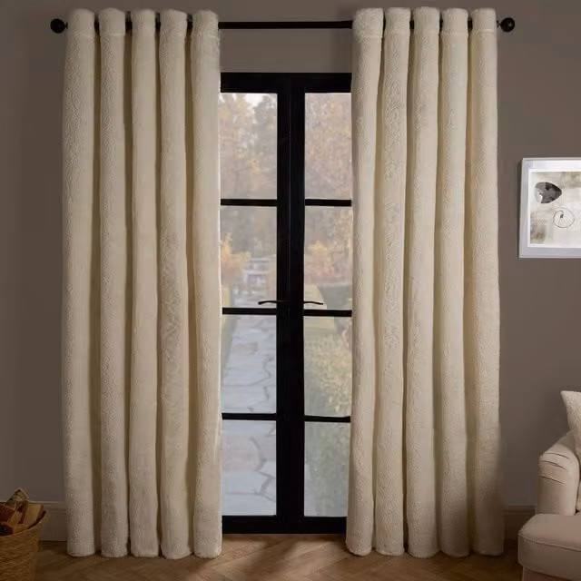 OHS Pair of Cream Teddy Fleece Thermal Eyelet Curtains, W: 228 cm, H: 168 cm