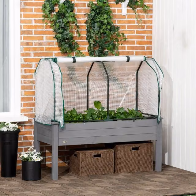 OUTSUNNY Raised Garden Bed with PE Cover in Dark Grey