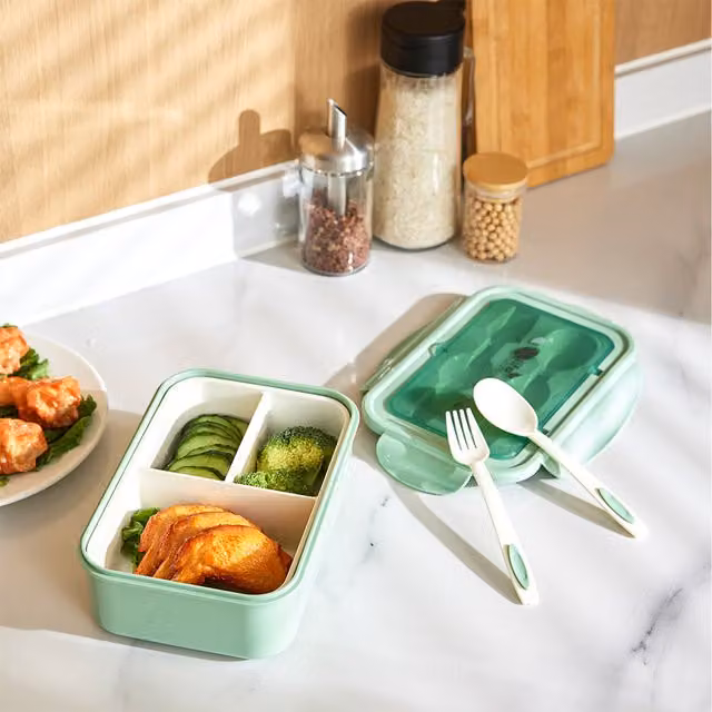 Lifeideas Insulated Rectangular Lunch Box with Dividers and Cutlery in Green