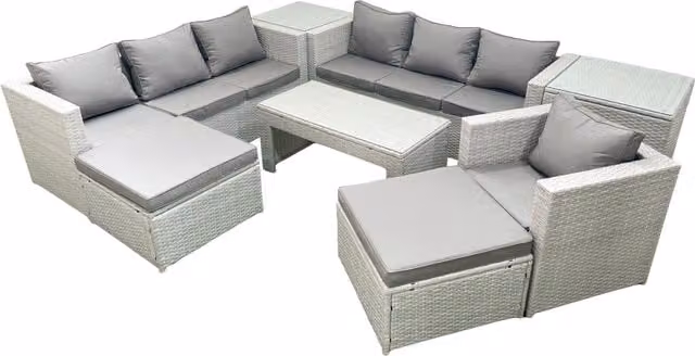 Fimous Wicker PE Rattan Garden Furniture Set in Light Grey Mixed with Oblong Coffee Table, Armchair, 2 Big Footstools and 2 Side Tables – 1