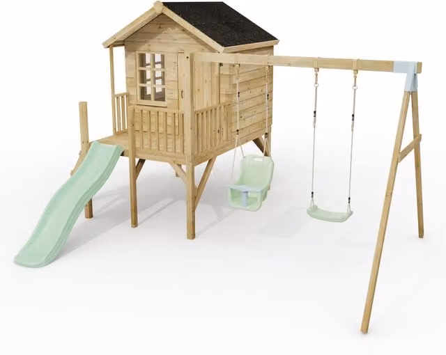 ClassicPlay Premium 5ft Playhouse on Deck with Double Swing and Slide in Mint Green