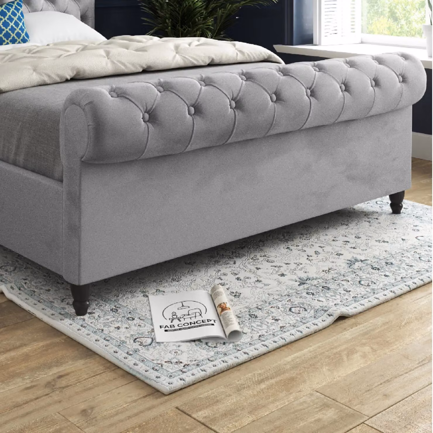 Casani Classic Upholstered Velvet Bed Frame in Grey, W/D/H: 200 x 189 x 119 cm – 4