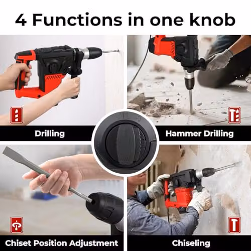 Traderight 1500W SDS Plus Rotary Hammer Red 4-Mode Professional Demolition Drill with 8J Impact Energy and 4500BPM – 7