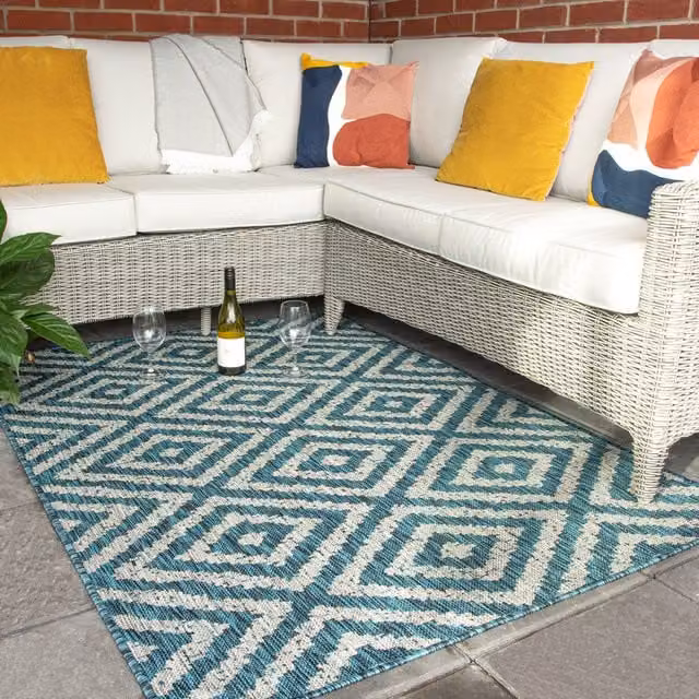The Rug House Blue and Grey Diamond Geometric Flatweave Indoor Outdoor Rug, W: 150 cm, D: 80 cm