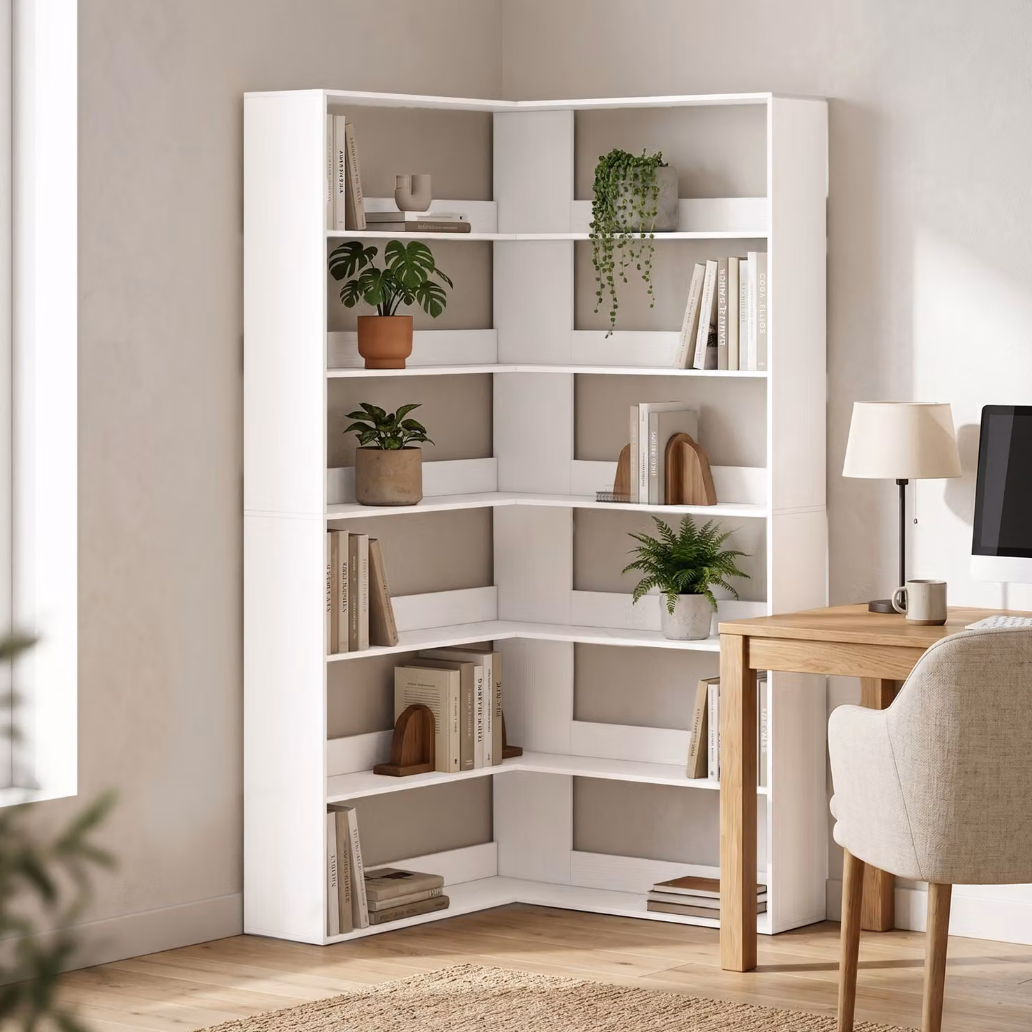HOMCOM 7-Tier L-Shaped Corner Bookshelf in White Wood Effect, H: 180 cm x W: 90 cm x D: 39.5 cm – 2