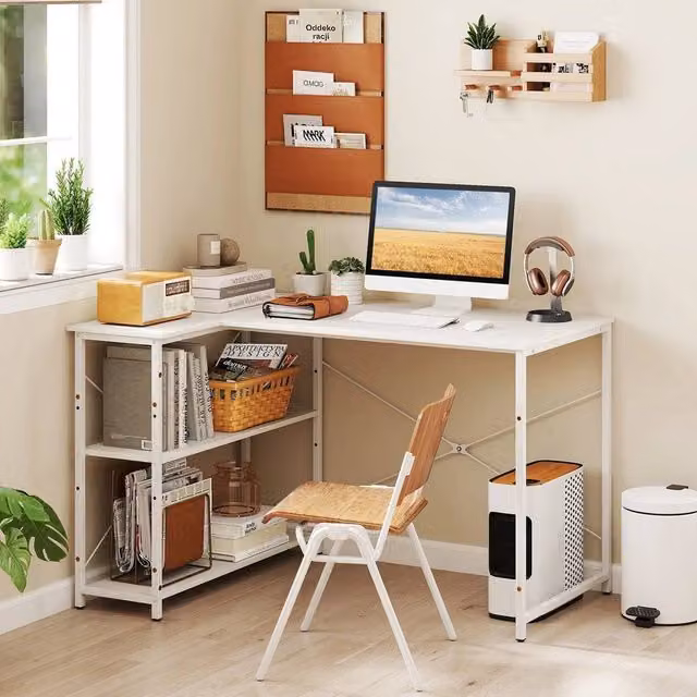 PAWNORA L-shaped Corner Gaming Desk with Heavy-duty Metal Frame in White