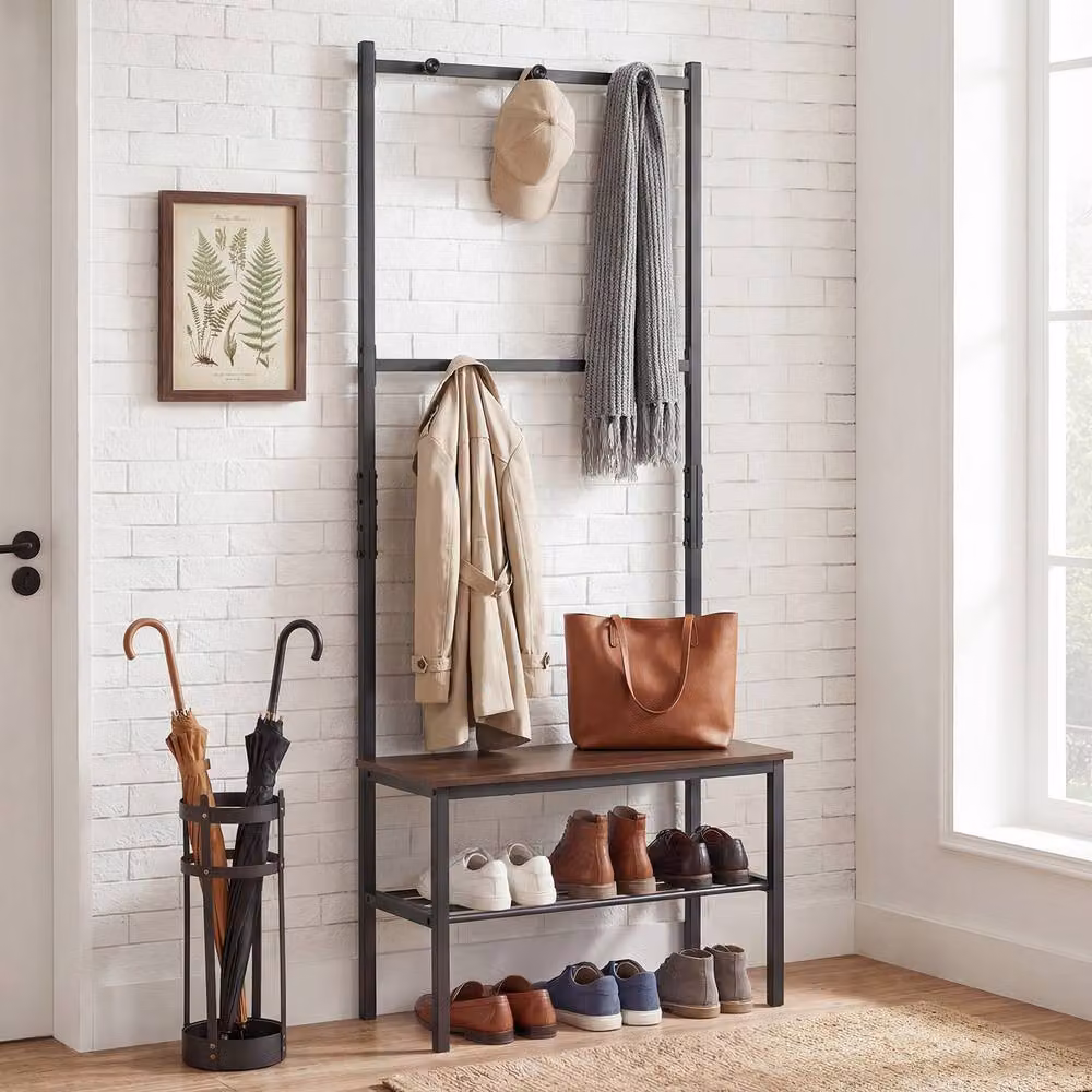 Gymax Industrial Hall Tree Freestanding Entryway Bench, Coat and Shoe Rack in Brown – 3