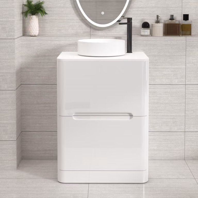 Royal Bathrooms Venice 600mm Gloss White Floor Standing 2 Drawer Vanity Unit with Plain White Worktop