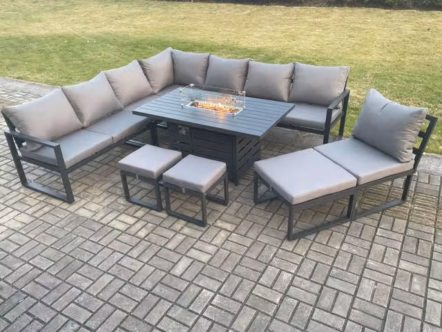 Fimous Aluminium Outdoor Garden Furniture Set with Lounge Corner Sofa, Gas Fire Pit Dining Table and 3 Footstools in Anthracite Grey