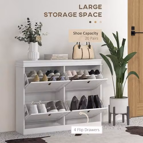 HOMCOM Modern Slim White Shoe Cabinet with Tilting Compartments for Hallway, W/D/H: 82.5 x 24 x 105 cm – 3