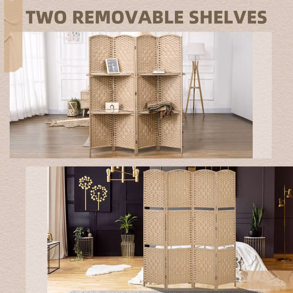 HOMCOM Freestanding Boho Privacy Screen in Beige with Rattan and Pine Wood, W: 160 cm, H: 170 cm – 3