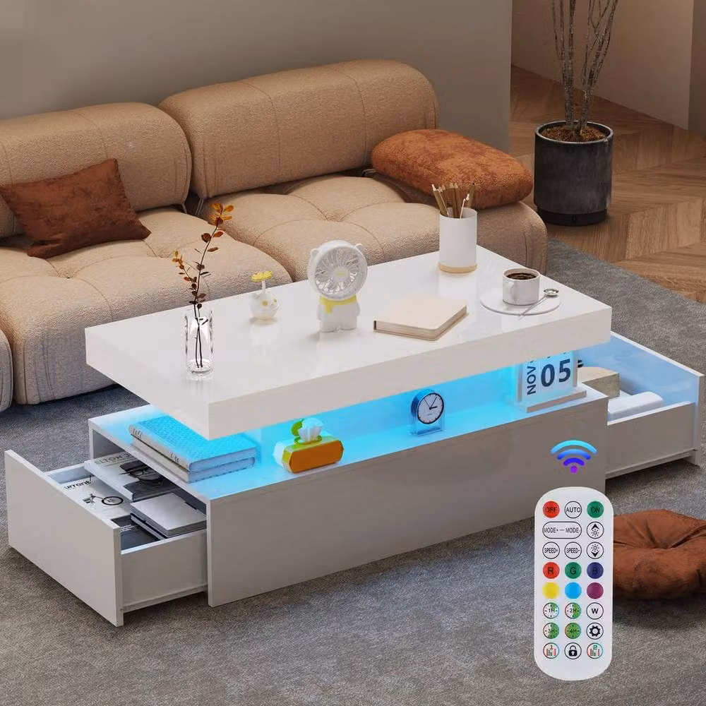 FLAVORA LED High Gloss Rectangular Coffee Table in White – 3