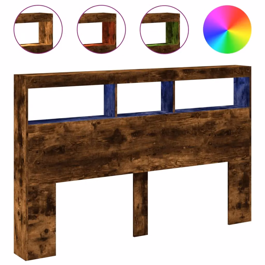 Berkfield Home Modern Smoked Oak Headboard Cabinet with LED Lighting and USB Charging Port, Brown, W: 160 cm, D: 17 cm, H: 102 cm – 2