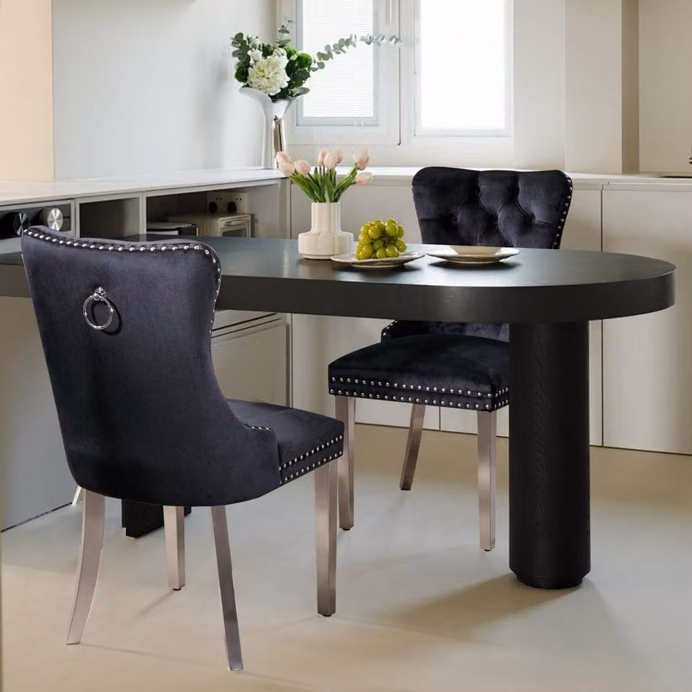 Modern Home Touch Winchester Set of 2 Black Velvet Upholstered Dining Chairs with Silver Chrome Legs – 3