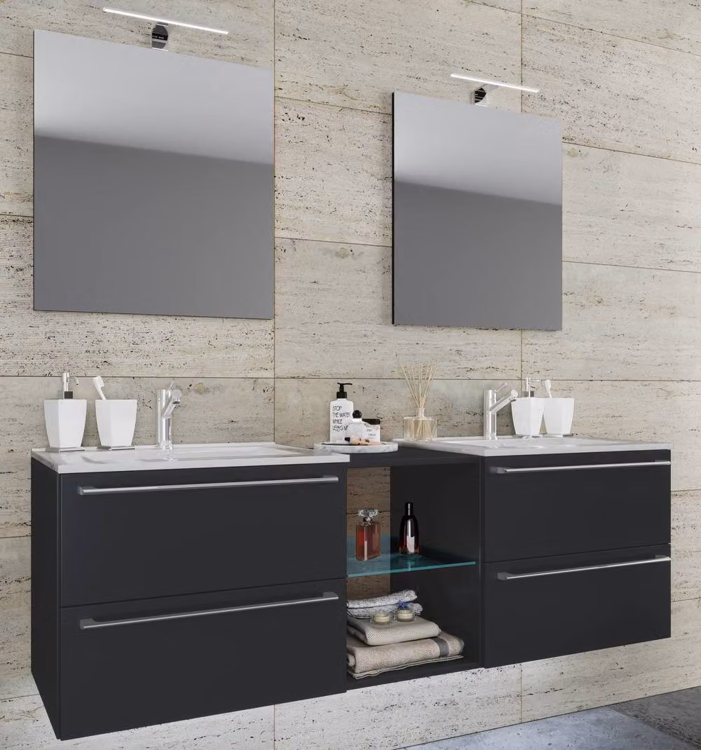 VCM Badinos XXL 3-Piece Matt Black Wall-Mounted Bathroom Vanity Unit and Mirror Cabinet Set – 2