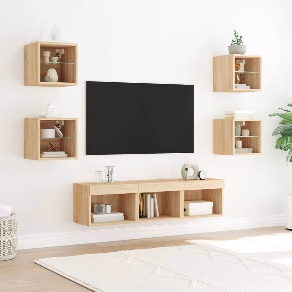 Berkfield Home 7 Piece Modern TV Wall Unit Set in Sonoma Oak with Integrated LED Lighting and Glass Doors – 3