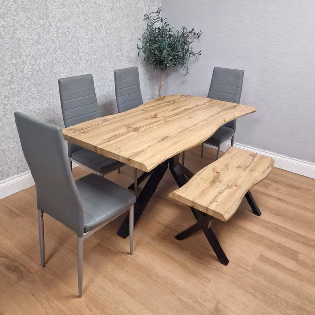 Kosy Koala Wooden Dining Set with X-Shaped Legs, 4 Grey Leather Chairs and Bench in Brown