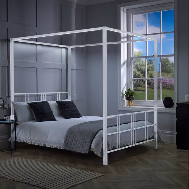 XR Living Fern Four Poster Bed with LED Lighting in White, Double (140 x 200 cm)
