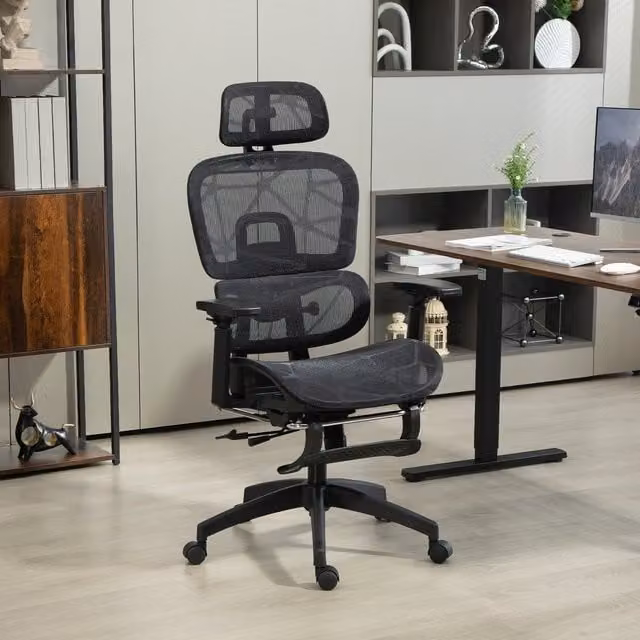 HOMCOM Executive Office Chair in Black with Fabric Seat, Headrest and Lumbar Support
