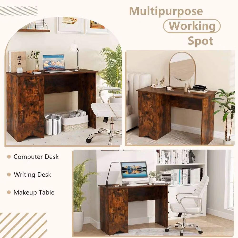 VOGREX Brown Home Office Computer Writing Desk with 2 Drawers – 4