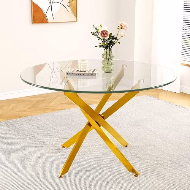 Dprodo Set of 2 Round Tempered Glass Dining Tables with Gold Chromed Legs, Diameter: 90 cm, Height: 75 cm